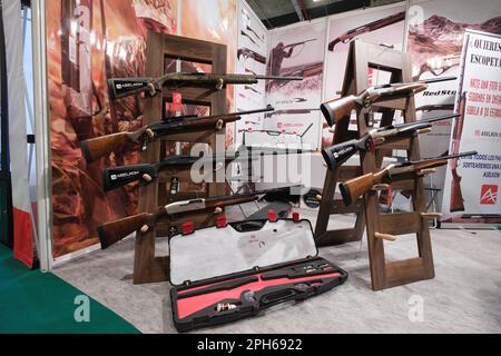 Madrid, Spain. 26th Mar, 2023. Cinegetica, Campo y Caza Fair, on March 26, 2023 in Madrid, Spain. The event will feature the main gunsmiths and hunting sector firms. It will also offer various exhibitions of archery and carbine shooting, as well as flight displays of birds of prey, specialized lectures and illustrative talks. (Photo by Oscar Gonzalez/NurPhoto) Credit: NurPhoto SRL/Alamy Live News Stock Photo
