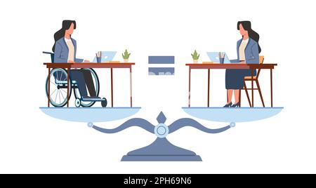 Equal rights for people with and without disabilities. Woman on wheelchair, comparison on scales, available career opportunities cartoon flat style is Stock Vector