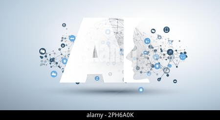 Machine Learning, Artificial Intelligence, Cloud Computing and Networks Design Concept with Geometric Network Mesh, Icons and AI Label Stock Vector