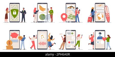 Smartphone use functions. Various useful mobile applications, tiny people, big phones, users make purchases, call taxi, booking hotel, listen music, d Stock Vector