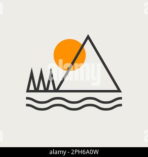Camping logo, mountain, river and sun. Tourism flat simple minimal geometric icon with mountains and forest. Summer camping concept Stock Vector
