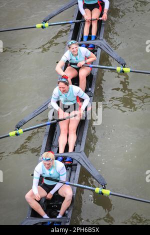 London, UK. 26th Mar, 2023. The Women's Race - Cambridge win. The annual boat race between crews from the University of Oxford and the University of Cambridge is under way. It now spans 185 years of rivalry and tradition between the two universities, on a Championship Course stretching over 4.25 miles along the Thames in West London between Putney and Mortlake. Crews compete in eight-oared rowing boats, each steered by a cox, and see Olympians row alongside other students. Credit: Imageplotter/Alamy Live News Stock Photo