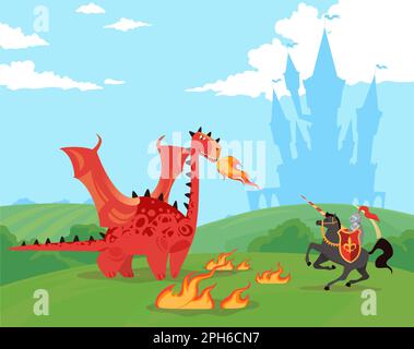 Knight Rider fights huge dragon near castle of ancient kingdom. Warrior in armor with sword, fire-breathing creature. Fairy tale scene. Cute cartoon Stock Vector