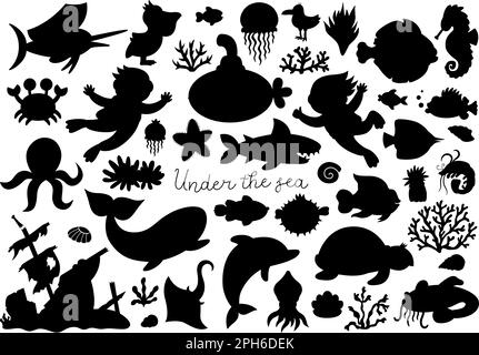 Vector under the sea silhouettes set. Ocean black icons collection with funny seaweeds, fish, divers, submarine. Cute water animals and weeds shadow i Stock Vector