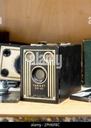 Brownie Target Six - 20 vintage or antique camera made by Eastman Kodak a favorite of beginner photographers in the 1940's to 1950's in the USA. Stock Photo