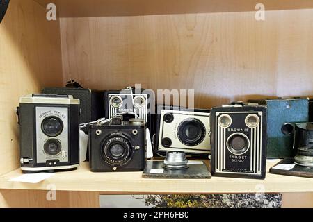 Brownie vintage or antique cameras collection made by Eastman Kodak a favorite of amature photographers during the 1900's in the USA. Stock Photo