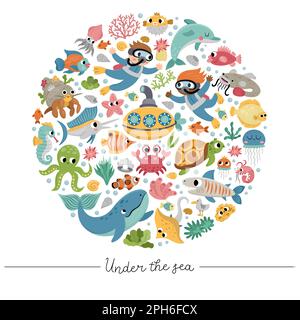 Vector under the sea round frame with divers, submarine, animals, weeds. Ocean card template design for banners, invitations. Cute illustration with d Stock Vector