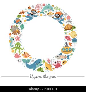 Vector under the sea round frame with divers, submarine, animals, weeds. Ocean wreath card template design for banners, invitations. Cute illustration Stock Vector