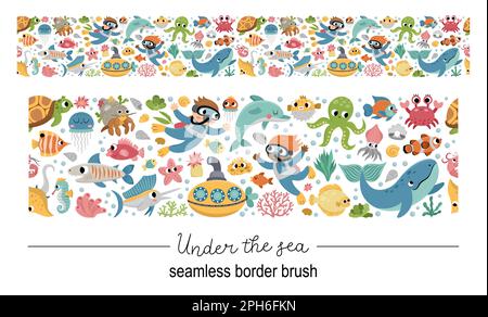 Vector under the sea seamless pattern border brush. Horizontal repeat background with cute fish, seaweeds, divers. Ocean life digital paper. Funny wat Stock Vector