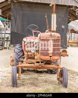 An antique Farmall offset engine, one plow row crop tractor Stock Photo