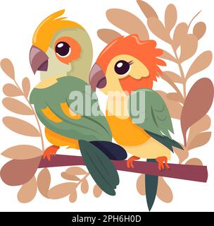 A cartoon vector illustration of two cute parrots perching on a tree branch. Stock Vector