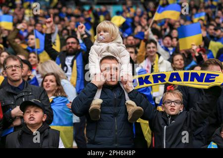 London, UK. 26th Mar, 2023. Ukraine fans during the UEFA Euro 2024 Qualifying Group C match between England and Ukraine at Wembley Stadium on March 26th 2023 in London, England. (Photo by Daniel Chesterton/phcimages.com) Credit: PHC Images/Alamy Live News Stock Photo