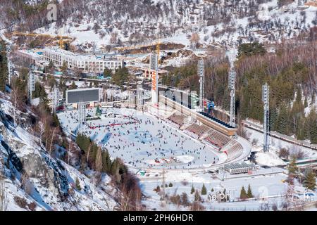 Almaty, Kazakhstan - January 08, 2023: general view of the world's largest high mountain skating rink Medeu Stock Photo