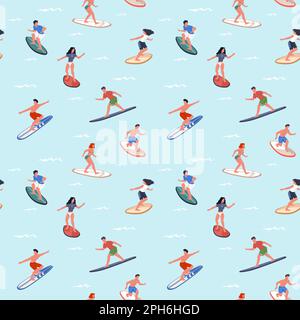 Surfers seamless pattern. Happy people surf waves on boards trendy print, extreme marine hobby, cartoon athletes catch wave, Decor textile, wrapping Stock Vector