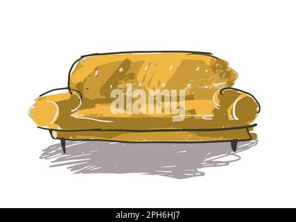 Vintage yellow upholstered sofa drawing with felt pen, modern quick marker sketch, isolated vector illustration. Element for planning and interior des Stock Vector