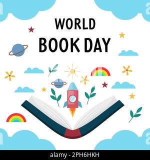 flat design world book day illustration with clouds, rocket, sun, rainbow, and plants Stock Vector