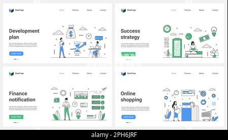 Development plan and success of business strategy, funding notification, online shopping set vector illustration. Cartoon tiny people work with financial reports, analyze case of finance risks Stock Vector