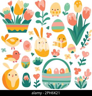 A cartoon vector illustration of easter theme decorations and characters collection like easter eggs, easter rabbits, spring flowers, tulips and more. Stock Vector