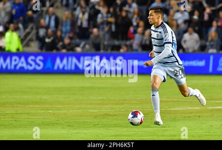 Kansas City, USA. 25th Mar, 2023. Sporting Kansas City forward Dániel Sallói (20) dribbles downfield. Sporting KC hosted the Seattle Sounders in a Major League Soccer game on March 25, 2023 at Children's Mercy Park Stadium in Kansas City, KS, USA. (Photo by Tim Vizer/Sipa USA) Credit: Sipa USA/Alamy Live News Stock Photo