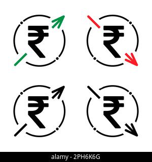 Set of cost symbol rupee increase and decrease icon. Money vector symbol isolated on background . Stock Vector