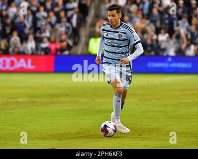 Kansas City, USA. 25th Mar, 2023. Sporting Kansas City forward Dániel Sallói (20) moves the ball downfield. Sporting KC hosted the Seattle Sounders in a Major League Soccer game on March 25, 2023 at Children's Mercy Park Stadium in Kansas City, KS, USA. (Photo by Tim Vizer/Sipa USA) Credit: Sipa USA/Alamy Live News Stock Photo