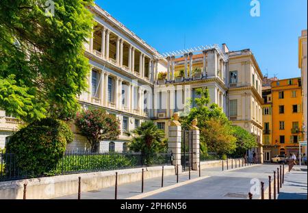 Nice, France - August 7, 2022: Palais de la Prefecture palace and city hall aside Justice Palace in Nice historic Vieille Ville old town district Stock Photo
