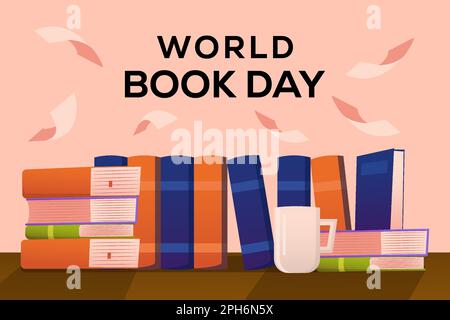 gradient world books day illustration banner background with a glass of coffee Stock Vector