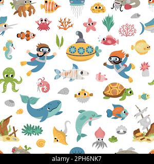 Vector under the sea seamless pattern. Repeat background with cute fish, seaweeds, divers, submarine. Ocean life digital paper. Funny water animals an Stock Vector