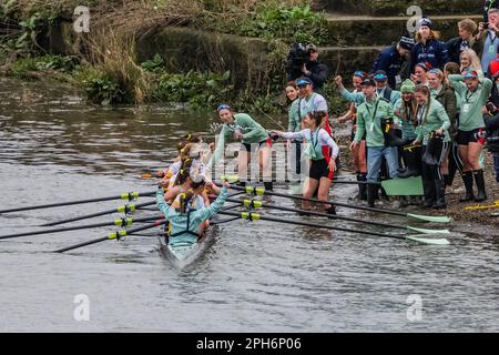 London, UK. 26th Mar, 2023. The Cambridge womens Blue boat crew welcomes there second after they both win - The Boat Race between Oxford and Cambridge Universities finishes at Chiswick Bridge. Credit: Guy Bell/Alamy Live News Stock Photo