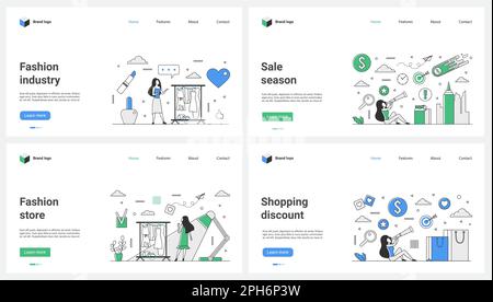 Fashion industry, season sales in retail store, discounts and shopping set vector illustration. Cartoon tiny girls buy clothes online using shops mobile app, try on dresses in boutique showroom Stock Vector