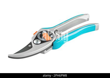 Garden secateurs. Pruning shears  for cutting branches  isolated on white background. Garden tool. File contains clipping path. Full depth of field. Stock Photo