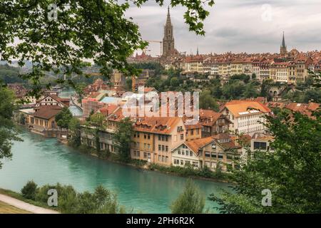 View from above on the historic architecture of Bern and the cathedral Bern Minster  - Switzerland Stock Photo