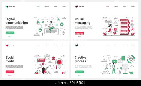 Online chat and direct messages in messenger mobile app, social media, internet communication set vector illustration. Cartoon tiny people posting virtual content, users chatting in SMS bubbles Stock Vector