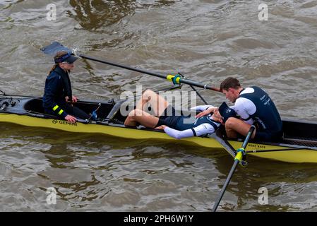 Chiswick Bridge, Chiswick, London, UK. 26th Mar, 2023.Cambridge beat Oxford in the 168th Men’s Boat Race on the River Thames. Oxford stroke Felix Drinkall collapsed after the finish at Mortlake and was taken to hospital Stock Photo