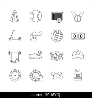 Collection of icons with different sports and healthy eating in outline design Stock Photo