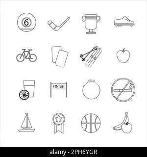 Collection of icons with different sports and healthy eating in outline design Stock Photo