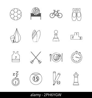 Collection of icons with different sports and healthy eating in outline design Stock Photo