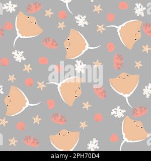 Vector seamless pattern with devilfish, starfish, algae.Underwater cartoon creatures.Marine background.Cute ocean pattern for fabric, childrens Stock Vector