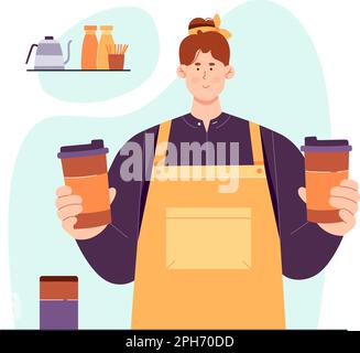 Barista with coffee cups vector illustration. Cartoon cheerful person in apron standing and serving coffee, coffeehouse, restaurant or cafeteria worker holding mugs with fresh hot drink for customers Stock Vector
