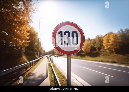 Speed limit road sign of 130 khm on German Autobahn street. Stock Photo