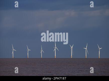 Offshore wind turbines at Gunfleet Sands off Clacton on Sea Essex. Stock Photo