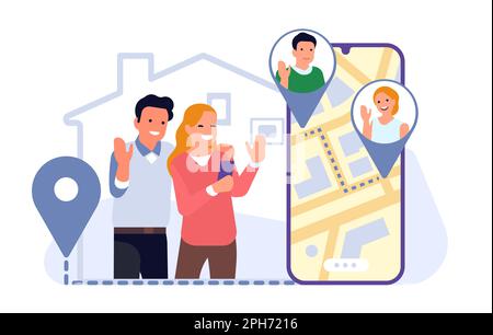 Parents keep track of their children whereabouts using smartphone app. Phone screen with map and location pins. GPS navigation. Kids safety mobile Stock Vector