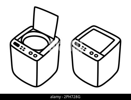 Top loading washing machine with open and closed lid, isometric drawing. Hand drawn cartoon doodle. Simple vector icon. Stock Vector