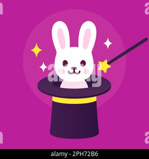 Rabbit in magician hat, magic trick illustration. Cute cartoon vector drawing of white bunny inside top hat. Stock Vector