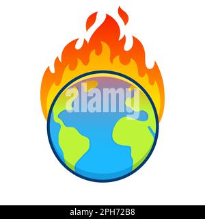 Cartoon planet Earth on fire, global warming and climate crisis drawing. Environment and ecology vector clip art illustration. Stock Vector
