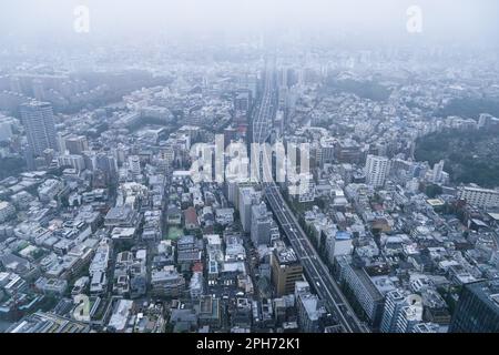 A stunning aerial view of a bustling city skyline at sunset, seen from ...