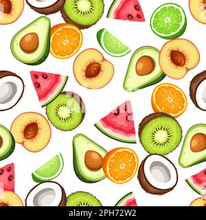Seamless pattern with various fruits (peach, watermelon, orange, avocado, lime, coconut, and kiwi) on a white background. Tropical seamless pattern. V Stock Vector