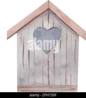 Watercolor wood birdhouse with heart. Spring decoration. Stock Vector