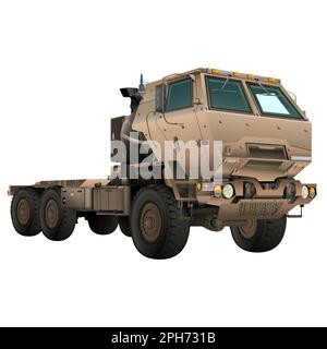 HIMARS truck sand color in realistic style. M142 High Mobility Artillery Rocket System. Tactical truck. Printable design to fill. Vector illustration Stock Vector