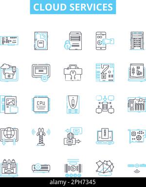 Cloud services vector line icons set. Cloud, Services, Computing, Hosting, Storage, Security, Virtualization illustration outline concept symbols and Stock Vector